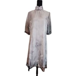 Sheer Lavender Gray Mandarin collar A-line dress with Butterfly print, size M